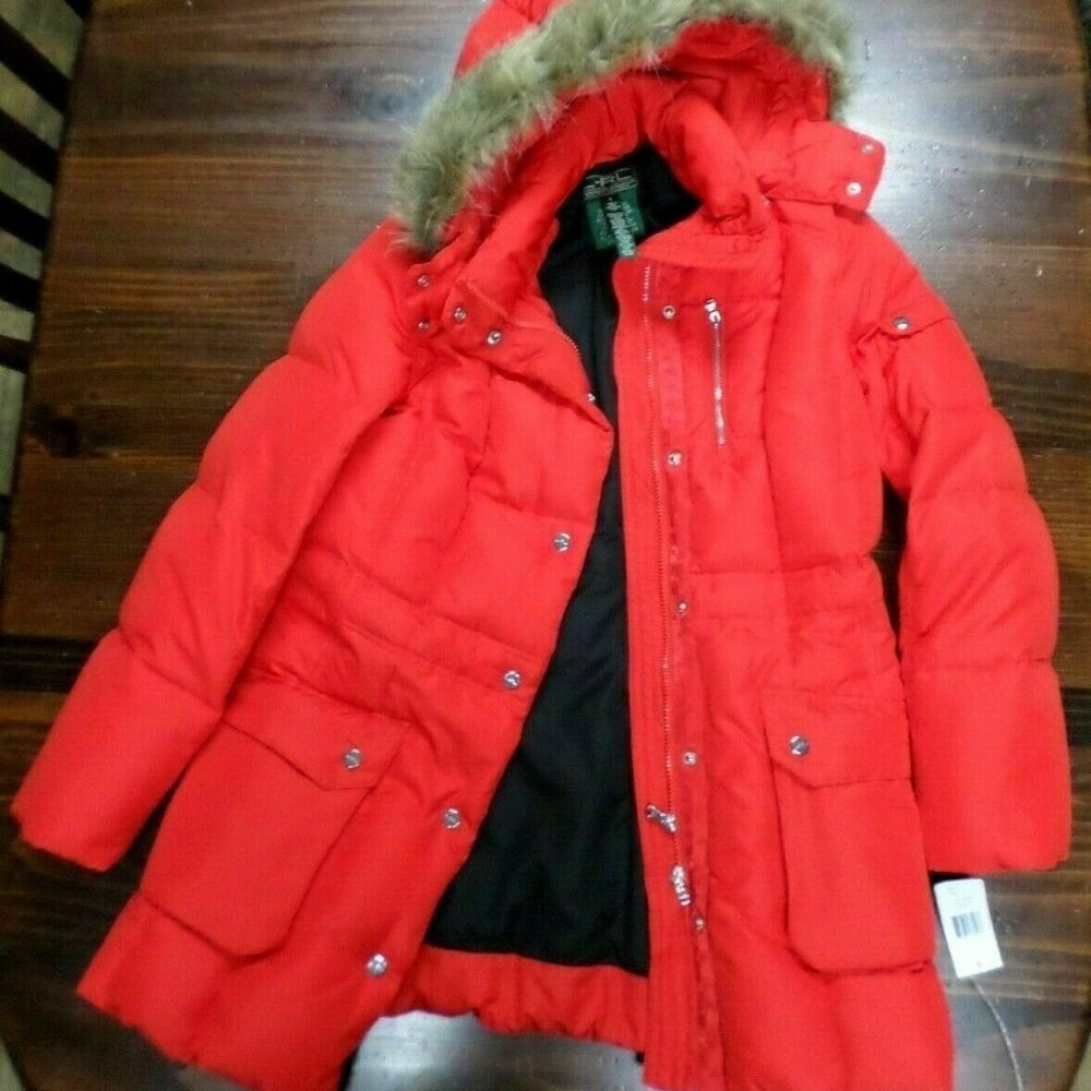 Women's LAUREN RALPH LAUREN Feather Down Red Puffy Winter Jacket Fur Hood Small